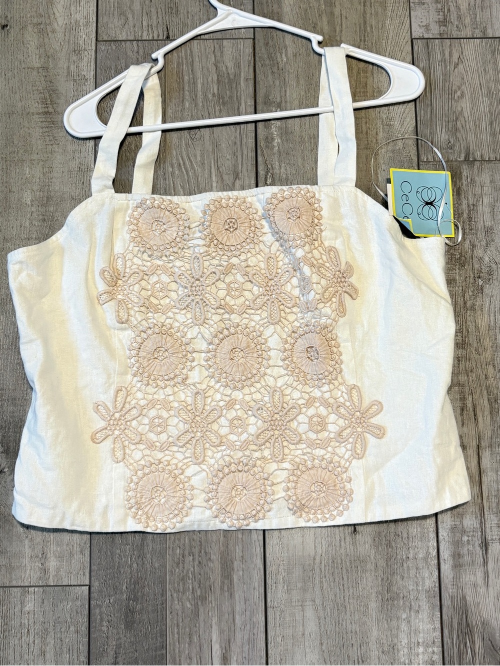 CeCe Cream Linen-Blend Crochet Front Tank Top
